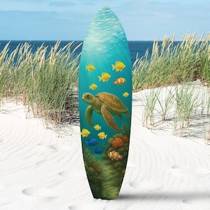 Sea Turtle Surfboard Wall Art: Ocean Theme, Weatherproof PVC