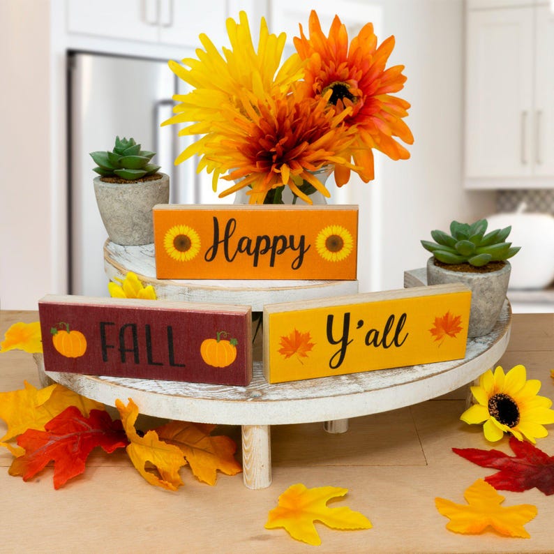 Happy Fall Y'all Wood Block Signs: Autumn Tiered Tray Decor image 7