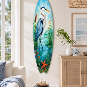 Egret Surfboard Wall Art: Coastal Bird Decor, Beach House Sign