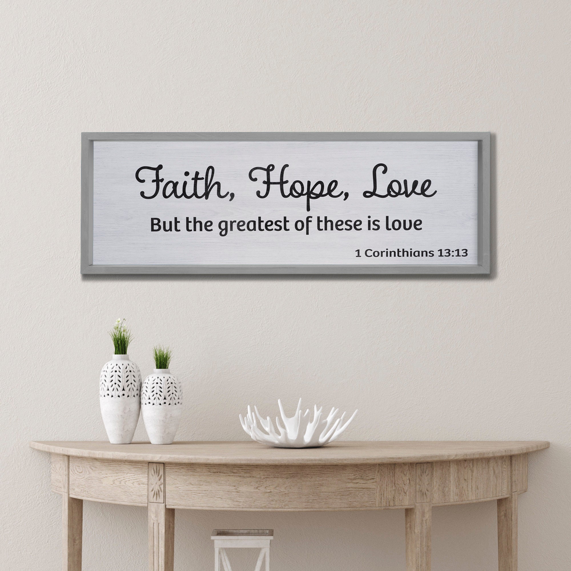 Home Accent JennyGems Faith Hope Love Dining Room Wall Hanging Handmade in USA Large 3 ft x 1 ft Framed Wood Sign