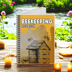 May include: A yellow and brown beekeeping log book with a beehive and bees on the cover. The text "Beekeeping Log Book" is printed on the cover.