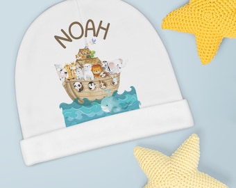 Baby Beanie with Baby Name Noah, Noah's Ark Design, Personalized Baby Gift Item