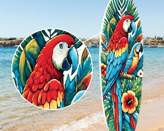 Tropical Parrot Wall Art, Colorful Beach House Decor, Tiki Bar Outdoor Coastal Sign, PVC Surfboard Wall Decor