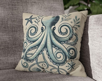 Funda de almohada con diseño de pulpo: decoración náutica de estilo rústico costero.