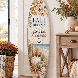 Fall Coastal Surfboard Decor, Autumn Beach Wall Art, Weather-Resistant Accent