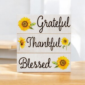 Sunflower Decor: Thankful Grateful Blessed Wooden Block Set afbeelding 2