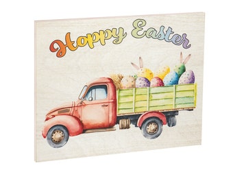 Hoppy Easter, Happy Easter Decorations, Easter Farmhouse Decor, Vintage Truck Easter Eggs, Wood Wall Hanging Sign
