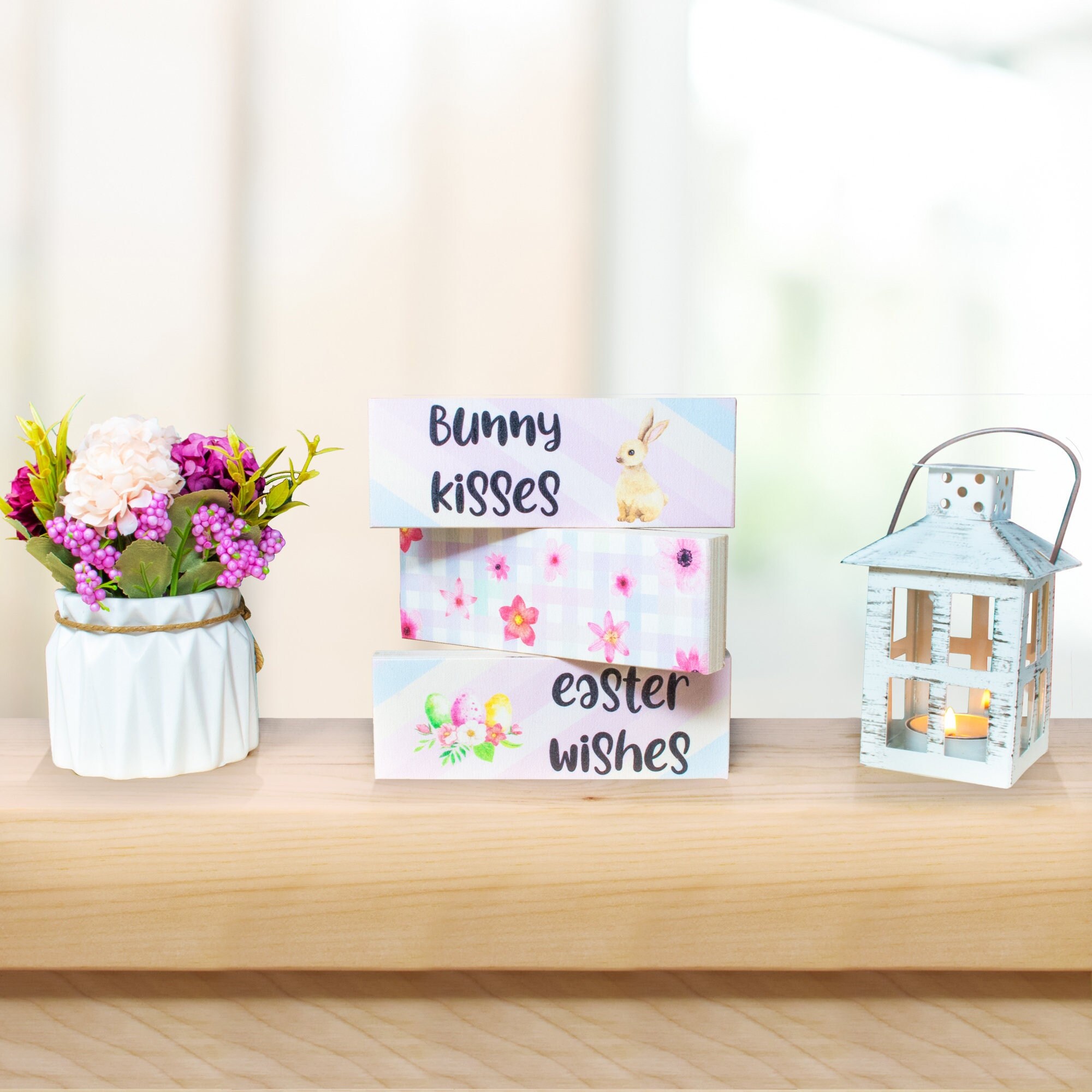 Easter Decor, Bunny Kisses Easter Wishes 3pc Wooden Block Set for Shelf or Tiered Tray