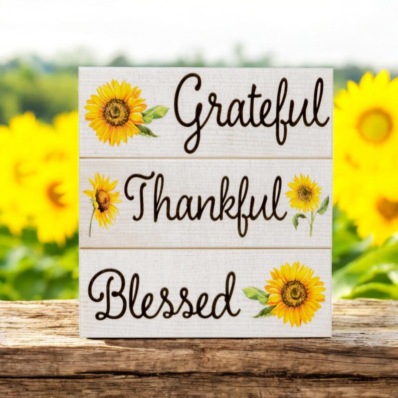 Sunflower Decor: Thankful Grateful Blessed Wooden Block Set afbeelding 6