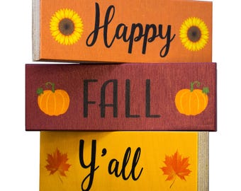 Happy Fall Y'all Wood Block Signs: Autumn Tiered Tray Decor