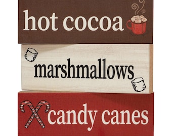 Christmas Decor, Hot Cocoa Marshmallows Candy Canes 3pc Mini Wooden Block Signs, Christmas Gifts, Made in USA