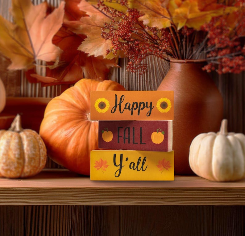 Happy Fall Y'all Wood Block Signs: Autumn Tiered Tray Decor image 2