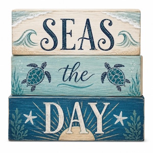 Seas the Day Coastal Wood Block Set – 3-Piece Beach Decor, Nautical Home Accent for Shelf, Desk, or Table