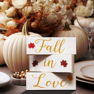 Fall in Love Wooden Block Set: Autumn Decor, Bridal Shower Decor (3pc)