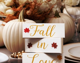 Fall in Love Wooden Block Set: Autumn Decor, Bridal Shower Decor (3pc)