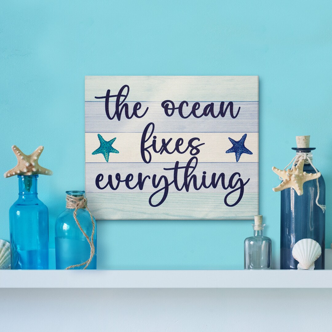 Coastal Decor Wood Plaque Sign - "The Ocean Fixes Everything" 16x5 Inch, Beach Theme Wall Art - View #3