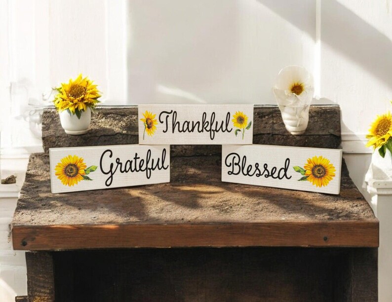 Sunflower Decor: Thankful Grateful Blessed Wooden Block Set afbeelding 4