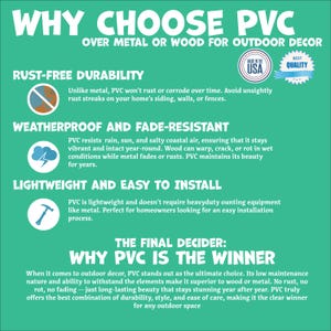 May include: A teal graphic promoting PVC for outdoor decor, highlighting rust-free durability, weather resistance, and ease of installation. Text includes "Why Choose PVC" and "Made in the USA".