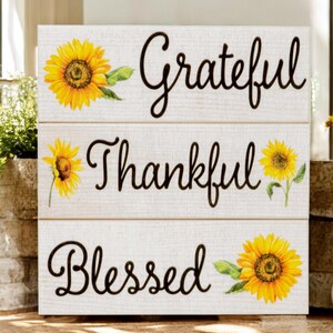 Sunflower Decor: Thankful Grateful Blessed Wooden Block Set afbeelding 5