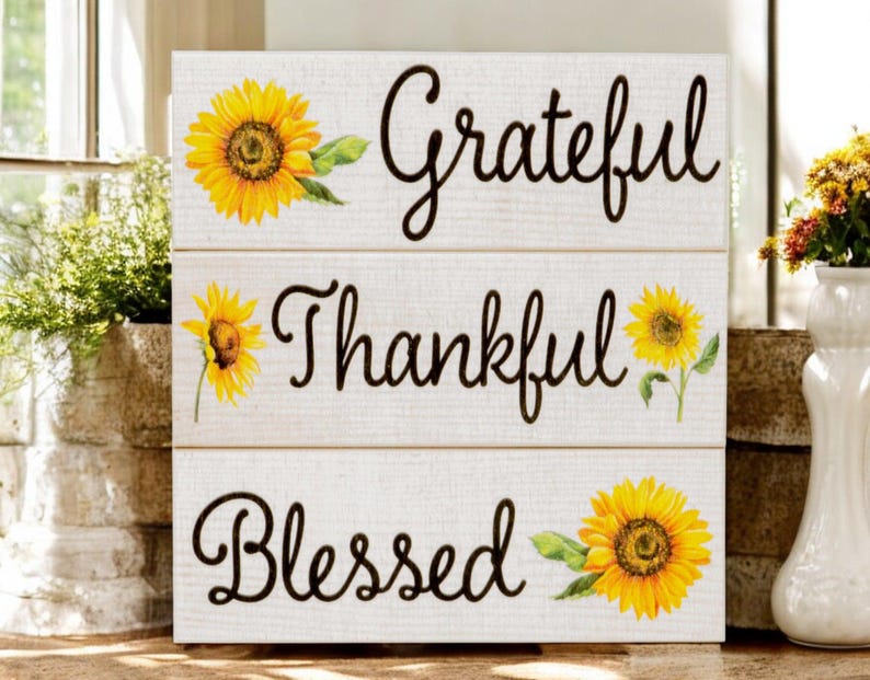Sunflower Decor: Thankful Grateful Blessed Wooden Block Set afbeelding 5