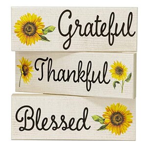 Sunflower Decor: Thankful Grateful Blessed Wooden Block Set afbeelding 1