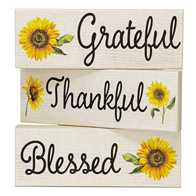 Sunflower Decor: Thankful Grateful Blessed Wooden Block Set afbeelding 1