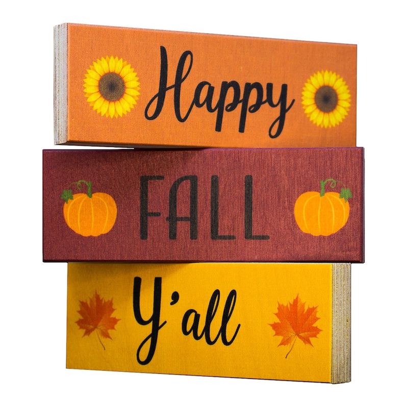 Happy Fall Y'all Wood Block Signs: Autumn Tiered Tray Decor image 1