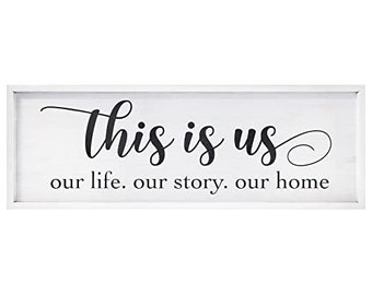 This Is Us Wall Decor, Family Sign, Farmhouse Wood Framed Sign for Home, Entryway, Kitchen, Handmade in USA, White