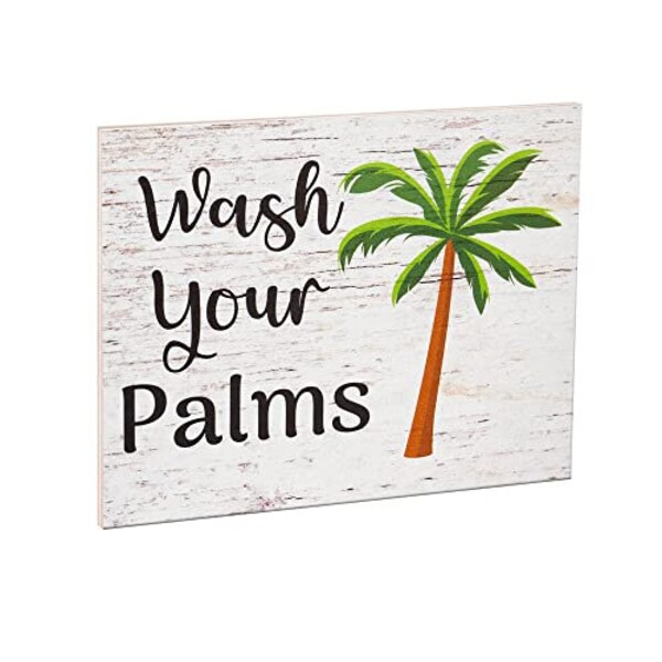 Wash Your Palms Wooden Sign, Funny Farmhouse Bathroom Signs, Palm Tree Decor, Beach Wall Art, Bathroom Decor