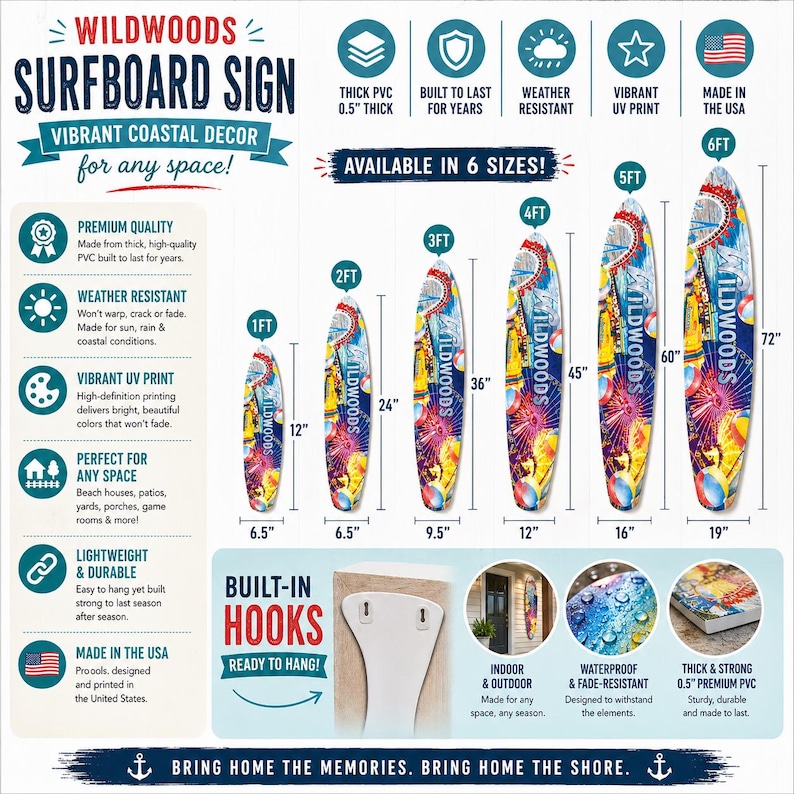 May include: Wildwoods surfboard sign with vibrant coastal decor, available in six sizes. Made in the USA, the signs are weather-resistant, UV printed, and lightweight. Sizes range from 12 inches to 72 inches in height.