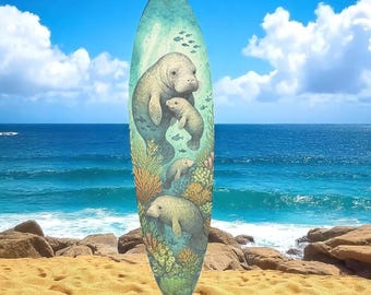 Manatee Surfboard Wall Art, Ocean Animal Decor, Weatherproof PVC Sign