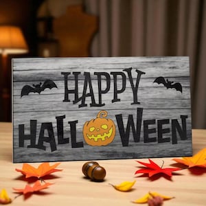 Rustic Happy Halloween Sign – Farmhouse Wooden Style Pumpkin and Bat Décor, Fall Mantel or Shelf Decoration, Halloween Gift