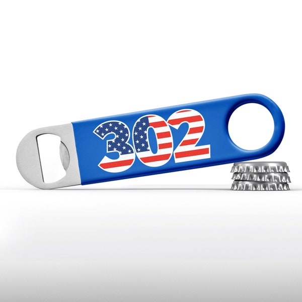 302 Beer Bottle Opener Stainless Steel, Delaware Souvenirs and Gifts, Delaware State, American Flag, Patriotic, Blue