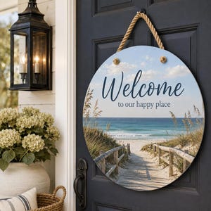 Coastal Door Hanger, 15-3/4-Inch Round Welcome Sign, Beach House Entry Decor