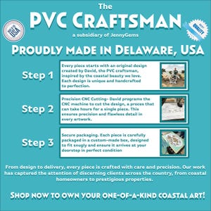 May include: A teal advertisement for The PVC Craftsman, proudly made in Delaware, USA. The text describes the process: design, CNC cutting, and secure packaging. The ad promotes coastal art and includes the text "SHOP NOW TO OWN YOUR ONE-OF-A-KIND COASTAL ART!"