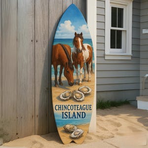 Chincoteague Island Surfboard Wall Art: Ponies & Oysters, Coastal Decor