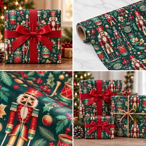 May include: Wrapping paper featuring a repeating pattern of nutcrackers, drums, and gold ornaments on a dark green background with holly leaves and berries. The paper is shown as a roll and used to wrap gifts with red satin ribbons.