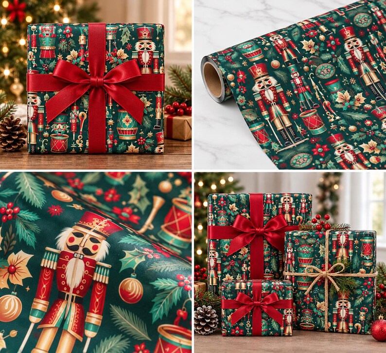 May include: Wrapping paper featuring a repeating pattern of nutcrackers, drums, and gold ornaments on a dark green background with holly leaves and berries. The paper is shown as a roll and used to wrap gifts with red satin ribbons.