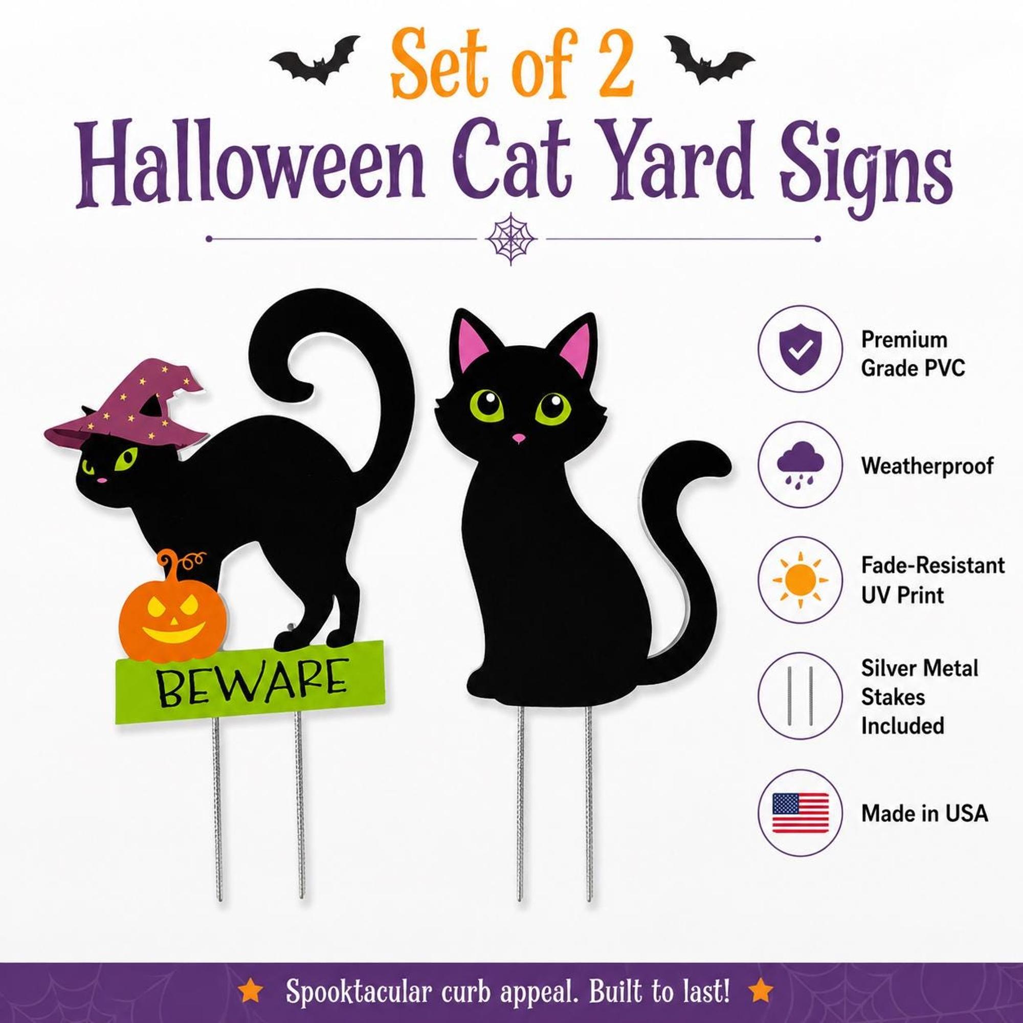 Black Cat Yard Art, Halloween Garden Stakes Set of 2, PVC Porch