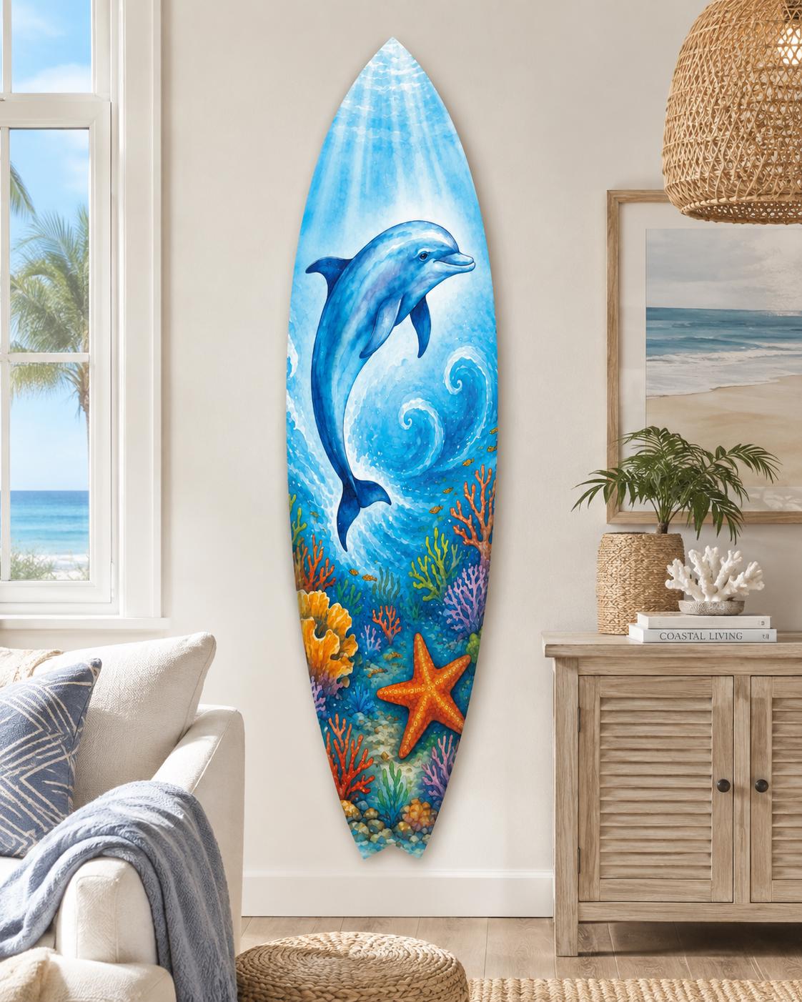 Dolphin Surfboard Decorative Beach House Wall Decor, Ocean Animal