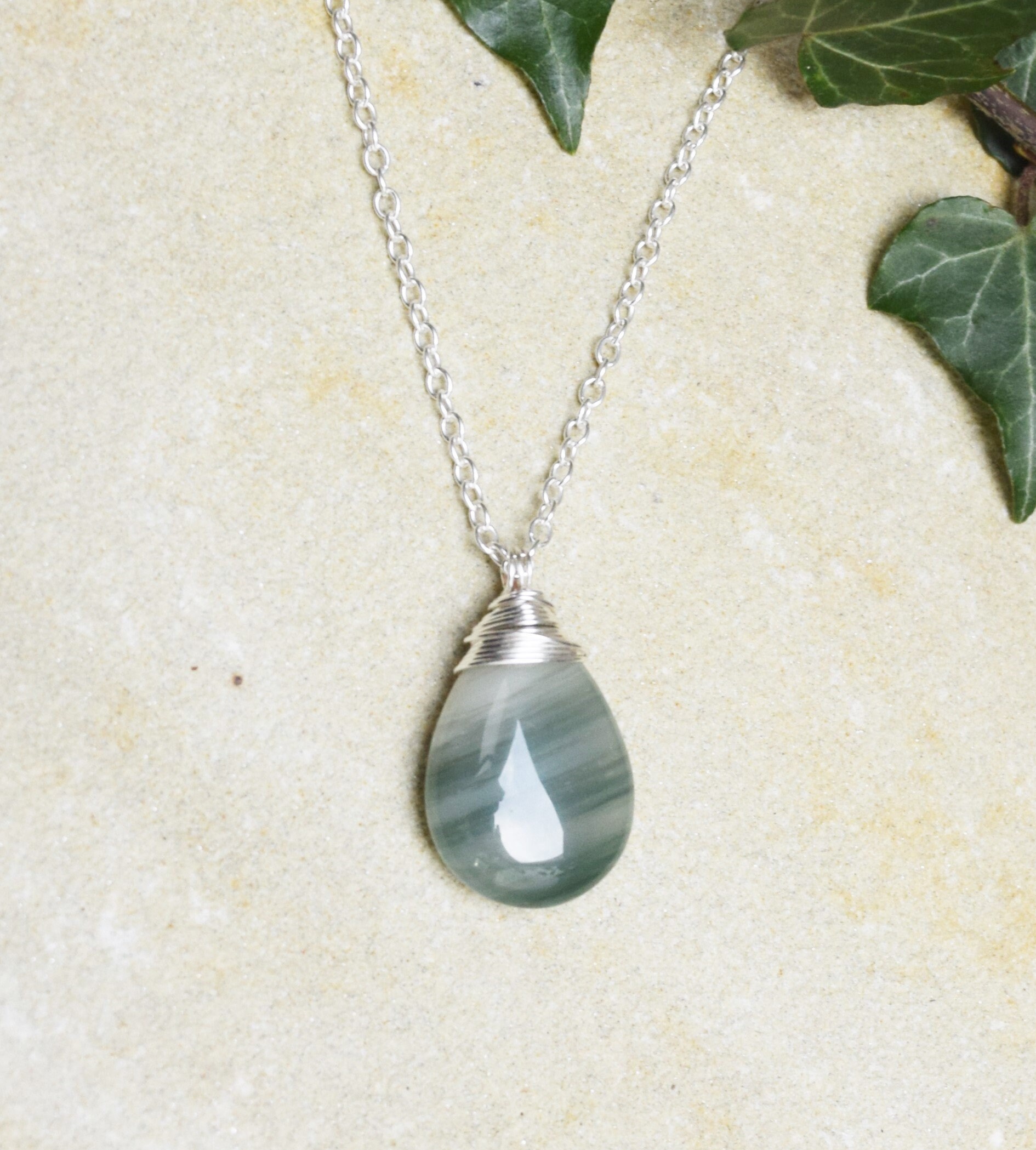 Sage green agate pendant necklace with silver tone chain