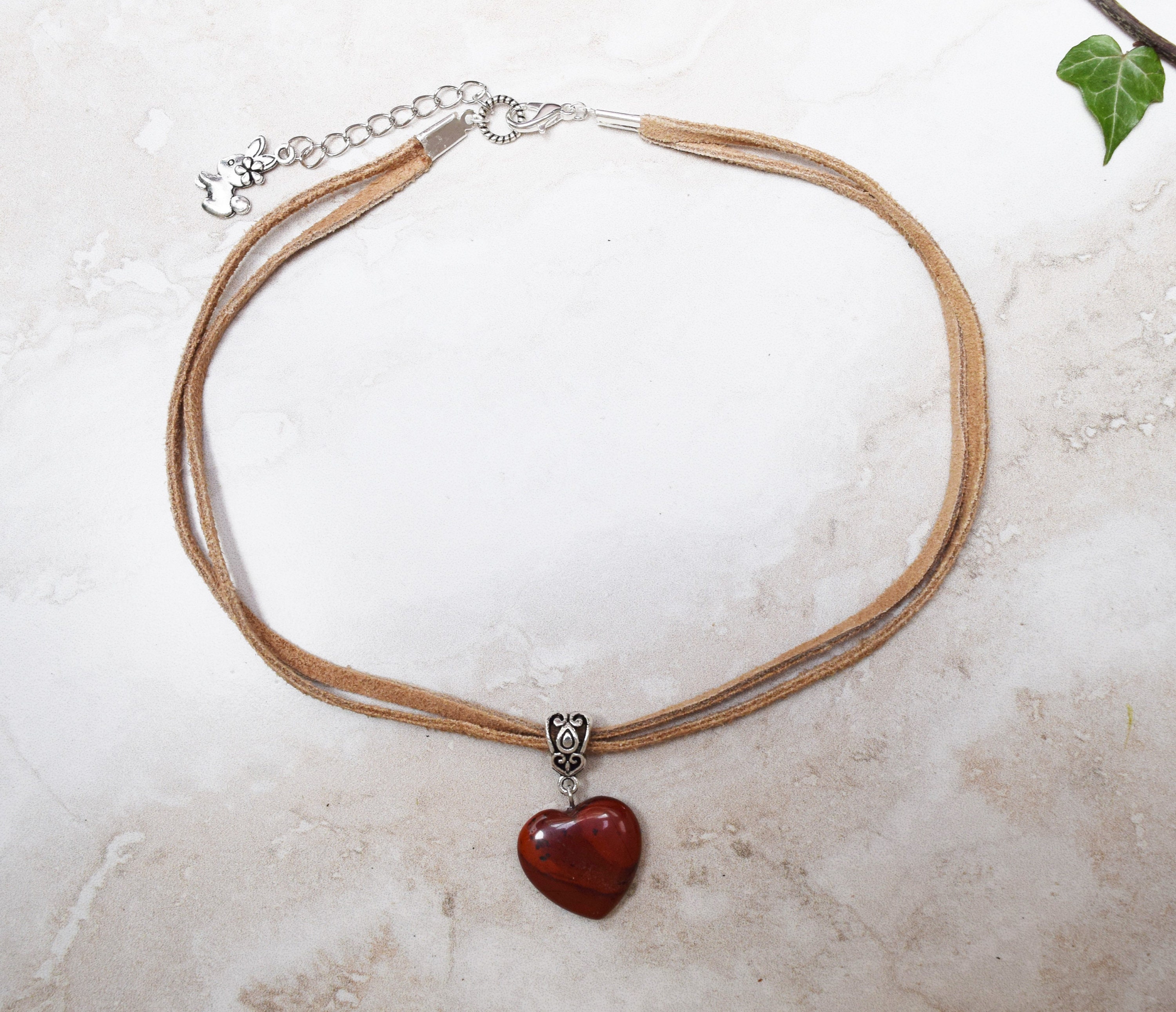 Red Jasper Heart Choker Necklace Brown Or Black Leather With Red Jasper Heart Choker Necklace Brown Or Black Leather With Pendant Stone Boho Short
