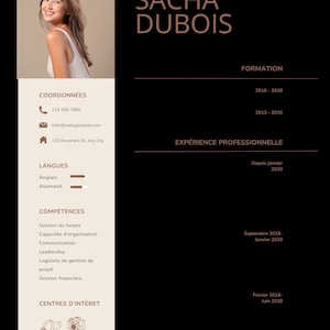 May include: A resume template with a photo of a smiling person on the left and the name "SACHA DUBOIS" at the top. The resume includes sections for contact information, languages, skills, and interests, with dates and job titles listed.