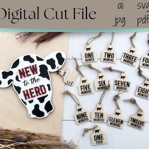 Juego de hitos para el nacimiento de una vaca: archivo listo para cortar con láser, decoración para la habitación de un bebé recién nacido, archivo de etiqueta de oreja de vaca personalizado, regalos para baby shower