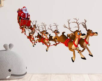 Santa On His Sleigh Reindeer Wall Art Decal Sticker Transfer SE7