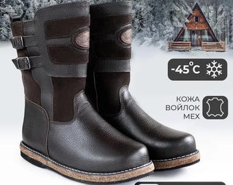 Men’s Winter Unts Boots Genuine Leather Sheepskin Fur Lined Extreme Cold Weather Boots Traditional Siberian Hunting Boots Warm Snow Shoes