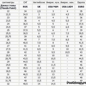 May include: A shoe size conversion chart with measurements in centimeters, Russian, UK, USA (men's and women's), and Euro sizes. The chart includes sizes from 22 cm to 32 cm, with corresponding sizes in other systems.