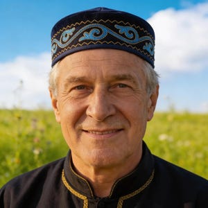 May include: A man wearing a dark blue velvet hat with a decorative blue and gold embroidered design. He is wearing a black shirt with gold trim, and is smiling in a field of green grass under a blue sky.