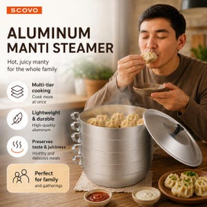 May include: An aluminum Manti steamer with multiple tiers, ideal for cooking dumplings. The image shows the steamer with a clear lid, filled with cooked dumplings, and a person eating one. The text reads "ALUMINUM MANTI STEAMER".