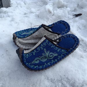Mens wool felt slippers warm cool soft gray blue eco friendly size eur 40-41 Mongolian Kazakhstan Kyrgyzstan
